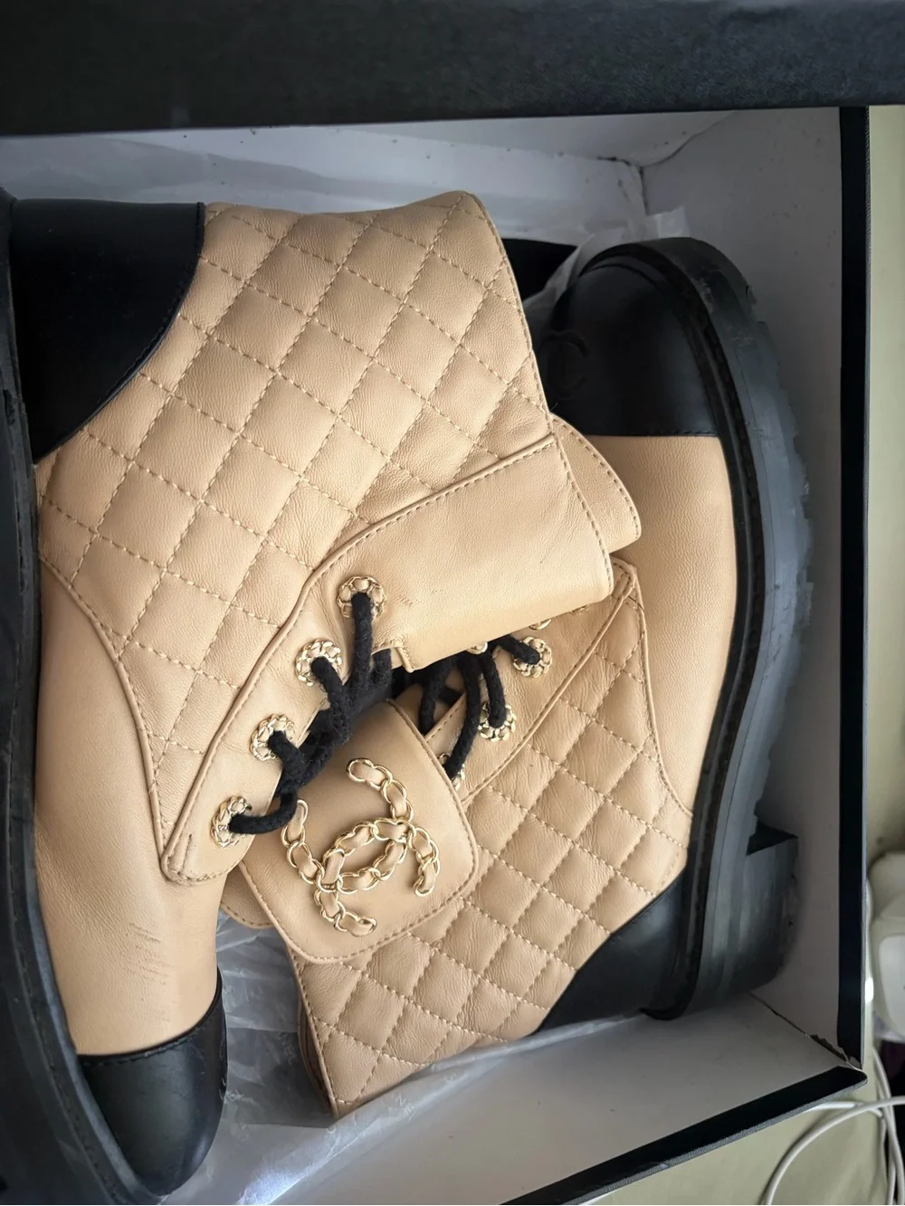 CHANEL Beige Quilted Lace-Up Ankle Boots with Black Cap Toe